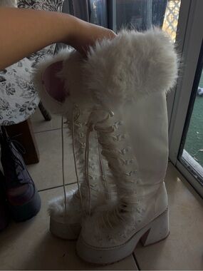 Demonia White Faux-Fur Lace-Up Platform Heeled Boots